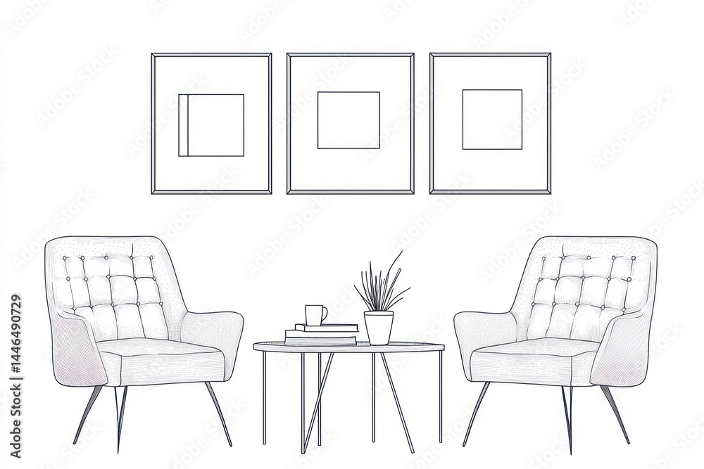 Fototapeta premium A minimalist, sketched drawing of a cozy seating area. Three framed prints are above a small table with two armchairs, and a small plant. The style is modern and inviting