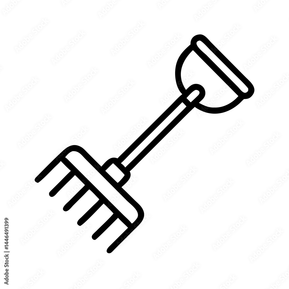 black outline icon of garden rake with short handle, minimal vector illustration symbolizing gardening tools, outdoor activity, landscaping or soil care black outline icon of garden rake with short handle, minimal vector illustration symbolizing gardening tools, outdoor activity, landscaping or soil care