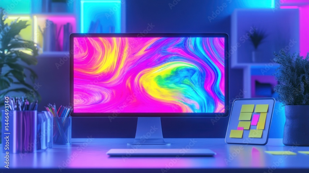 Neon Desk with Colorful Computer Screen Neon Desk with Colorful Computer Screen