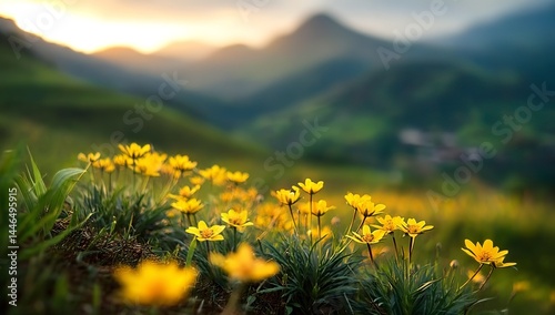 Yellow flowers in the foreground, green hills and mountains in the background, a sunrise scene with