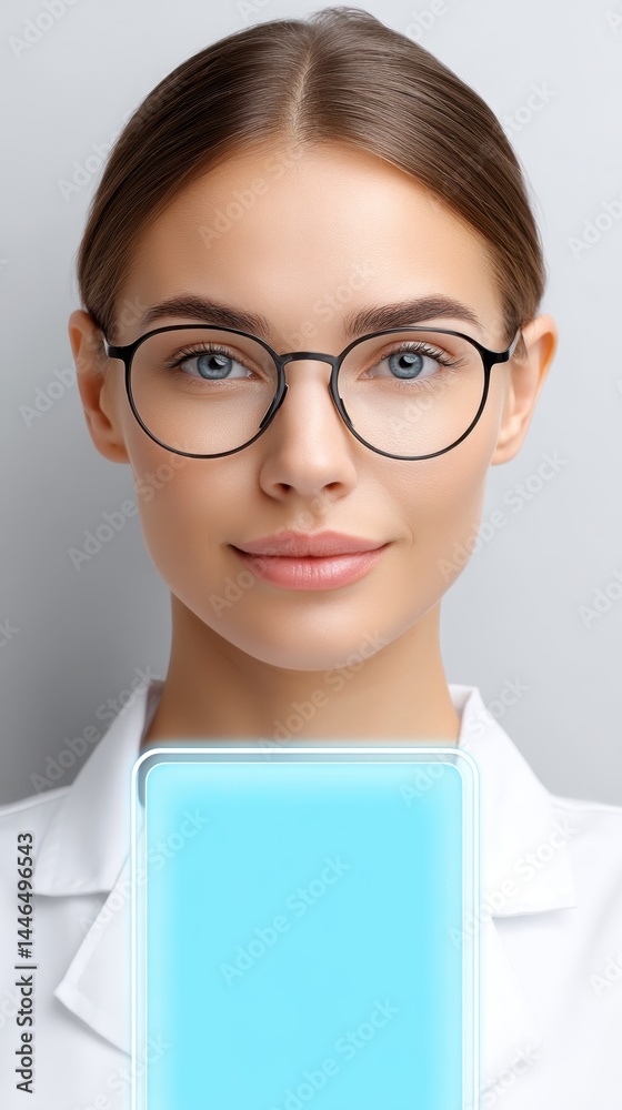 Patient Data Privacy concept. A young woman with glasses, wearing a white coat, holds a glowing blue tablet, standing against a neutral background. Patient Data Privacy concept. A young woman with glasses, wearing a white coat, holds a glowing blue tablet, standing against a neutral background.