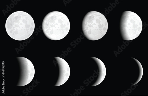 Moon eclipse, different phases, realistic moonlight in stages from full moon to thin moon
