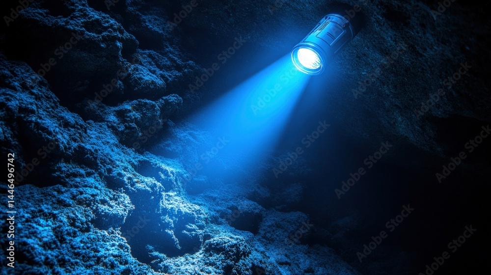 Obraz premium Underwater cave illuminated by bright flashlight