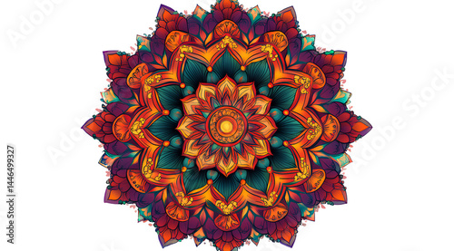  Colorful Indian mandala with transparent background, no shadow on the left side of the design, only one color for each shape and flower in the center