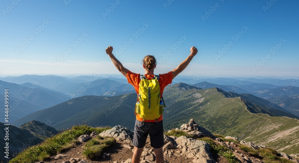 Hiker standing triumphantly on top of a rugged mountain peak with arms raised Hiker standing triumphantly on top of a rugged mountain peak with arms raised