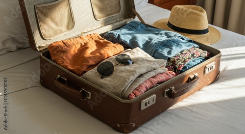 Vintage suitcase filled with neatly folded clothing on a bed with straw hat and sunglasses