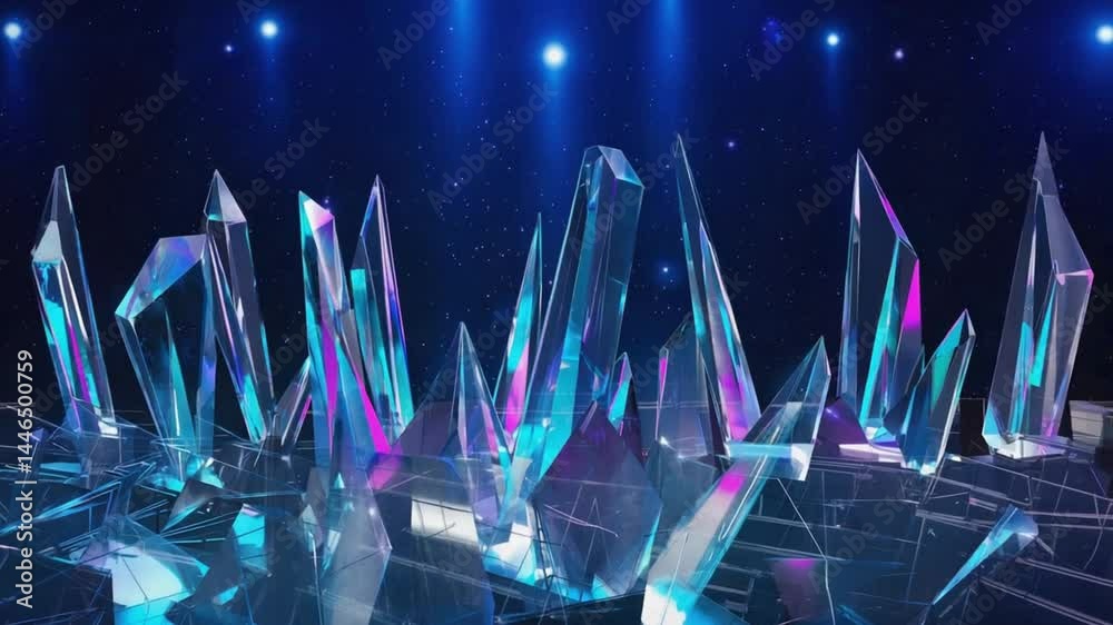 Surreal landscape with glowing crystals and abstract formations under a dark sky. Evokes fantasy and otherworldly beauty. Glowing crystal landscape.