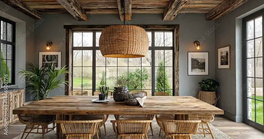 Cozy rustic dining room featuring a large wooden table, surrounded by wicker chairs, with greenery outside