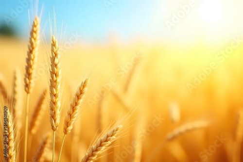 Beautiful nature background with close up of Ears of ripe wheat on Cereal field