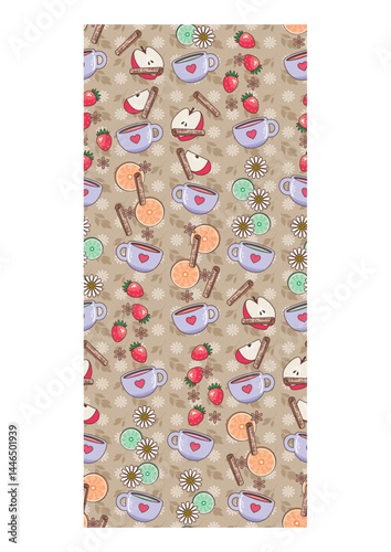 Scrapbook, fundo, patterns, padrão de repetição, estampa, frutas, morango, flores, patterns, chás, chá, canela, laranja, limão, anis, maçã