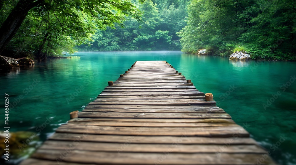Fototapeta premium Tranquil Wood Pier Azure Lake Reflects Dense Green Forest Scenery Serene View