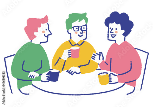 Three men enjoying conversation at a cafe_Color