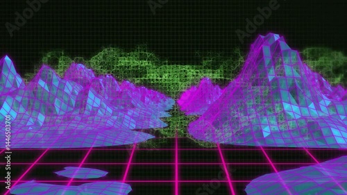 Neon wireframe floor extending to vanishing point, framing cyan peaks under floating green pattern