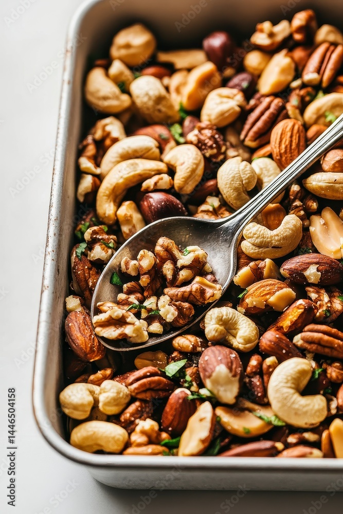 Mixed Nuts in Gray Dish with Silver Spoon Mixed Nuts in Gray Dish with Silver Spoon