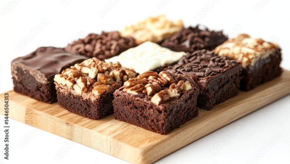 Nine Assorted Brownies with Nuts and Sprinkles on Wooden Board Nine Assorted Brownies with Nuts and Sprinkles on Wooden Board