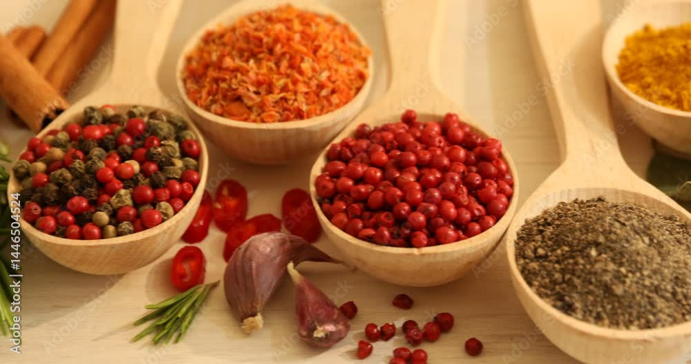 Different aromatic spices in spoons on white wooden table, closeup. Camera moving left Different aromatic spices in spoons on white wooden table, closeup. Camera moving left