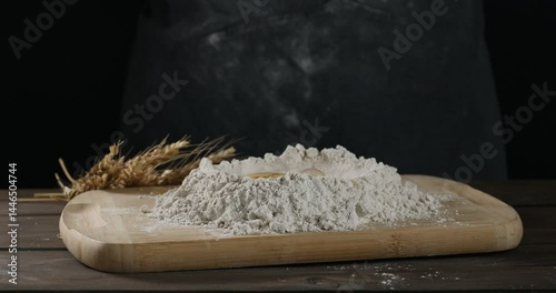 Adding egg into pile of flour at wooden table against black background, closeup. Making dough
