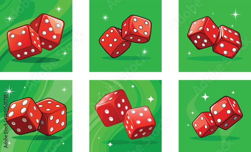 Two glossy red dice with white pips rolling vector art set design on white background