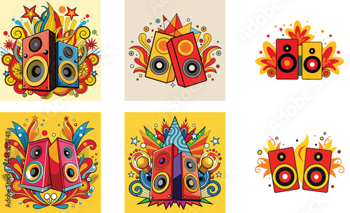 Two realistic speakers surrounded by vibrant vector art set design