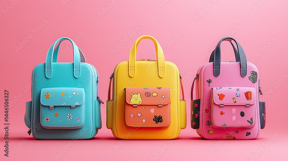 Aesthetic Backpacks Style. Colorful Cartoon Handbag with Multiple Compartments and Handles for Fun Design. Aesthetic Backpacks Style. Colorful Cartoon Handbag with Multiple Compartments and Handles for Fun Design.