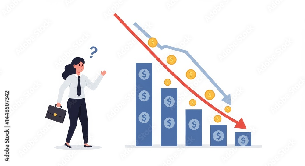 Obraz premium Confused businesswoman facing declining financial graph represents fiscal trouble