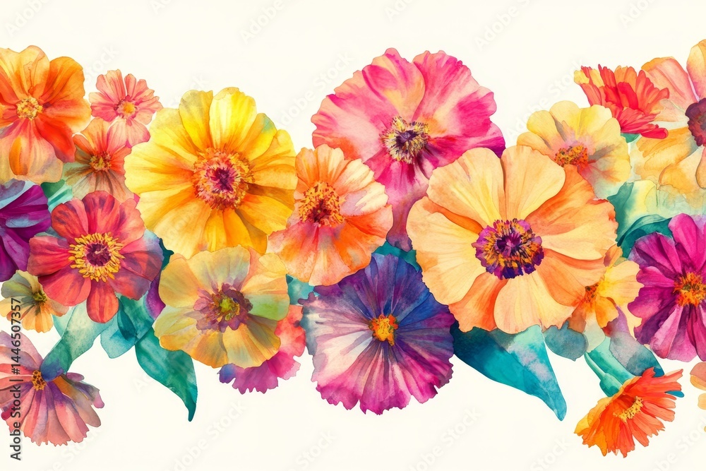 Vibrant floral border design with zinnia blossoms in a watercolor style. Vibrant floral border design with zinnia blossoms in a watercolor style.