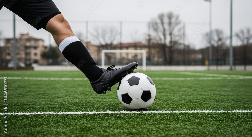 Fototapeta premium Soccer player kicking ball on green field. Closeup of foot and ball. Sports training, practice, and game concept. World Cup, Champions League, local tournament.