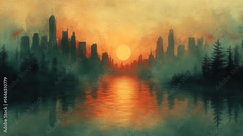 Obraz premium Watercolor painting showcases city silhouette at sunset reflecting on water