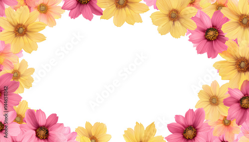 Flowers border with yellow and pink cosmos on a transparent background, in PNG format. White space in the middle of the composition
