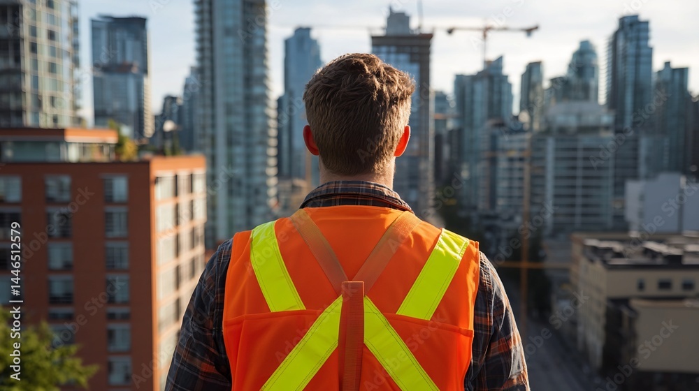 Fototapeta premium Construction Worker in Safety Vest Facing Cityscape