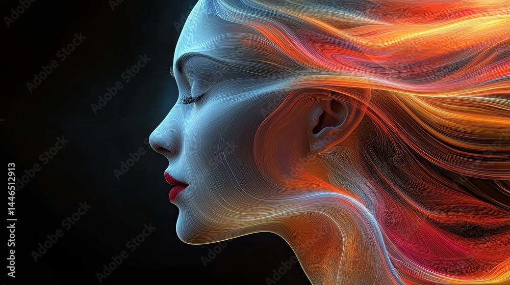 Abstract Flowing Portrait: A captivating portrait of a woman with flowing colorful lines evoking serenity and expression. Abstract Flowing Portrait: A captivating portrait of a woman with flowing colorful lines evoking serenity and expression.