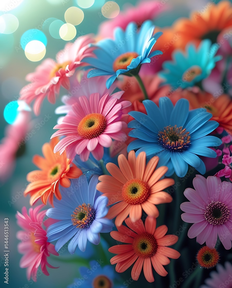 Fototapeta premium Vibrant colorful daisies in full bloom under sunlight, radiating joy and beauty in a dreamy garden setting perfect for spring and summer floral inspiration