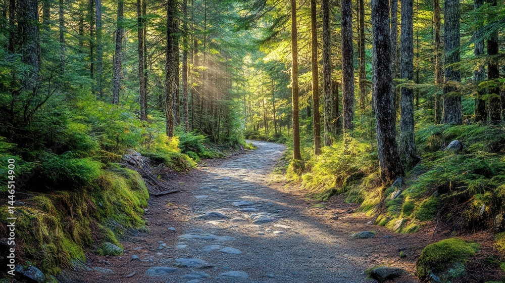 Obraz premium Sunlit Forest Path: A Serene Walk Through Nature's Embrace