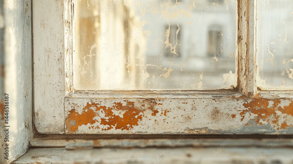 Naklejka premium Aged wooden window frame showing peeling paint.