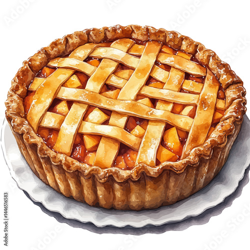 watercolor of Thanksgiving Apple Pie With Crust, vector, isolated on a white background.