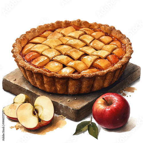 watercolor of Thanksgiving Apple Pie With Crust, vector, isolated on a white background.