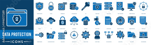 Data protection icon set. Phishing Prevention, Padlock, Password Vault, Data Anonymization, Key and Secure Folder