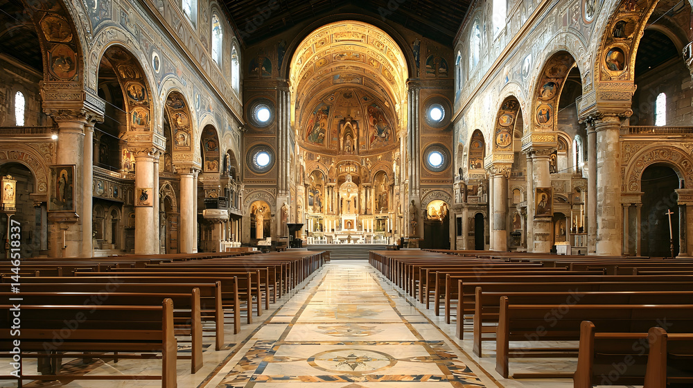 Fototapeta premium Grand Interior of Historic Church with Arches and Wooden Benches