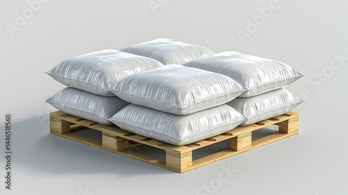 White Packaging Bags Stacked on Wooden Pallet for Storage or Transport