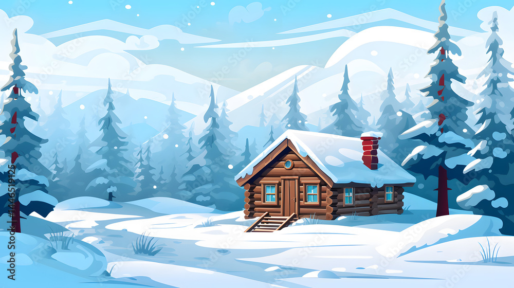 Naklejka premium Winter Cabin Background Illustration for Seasonal Designs and Holiday Decor