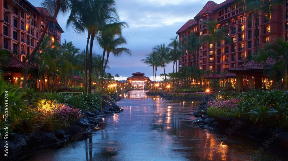 Obraz premium Hotel landscape with tropical plants, pathway lighting, and reflecting pool