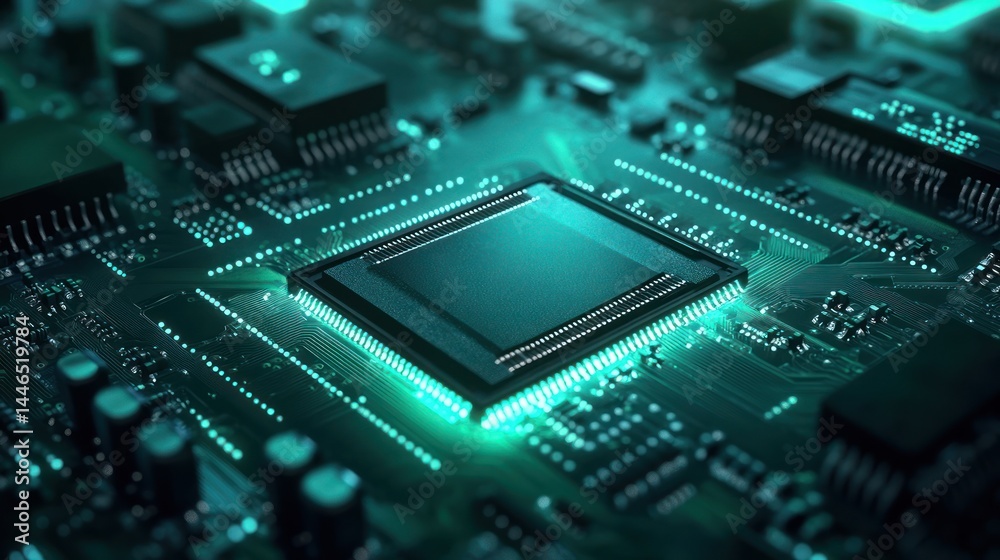 Close-up of a glowing teal central processing unit nestled within intricate circuitry on a motherboard Close-up of a glowing teal central processing unit nestled within intricate circuitry on a motherboard