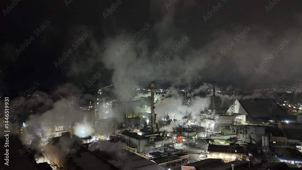 Visão aérea aérea noturna feita por drone de uma indústria de papel e celulose em plena operação. Chaminés com fumaça, luzes industriais acesas e ambiente urbano ao fundo