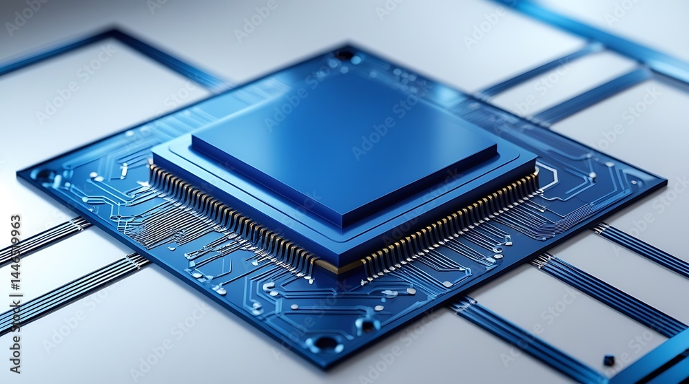 Futuristic blue microchip on digital surface background, representing modern technology, computer hardware, innovation and electronic circuit design in high tech industries
Futuristic blue microchip on digital surface background, representing modern technology, computer hardware, innovation and electronic circuit design in high tech industries