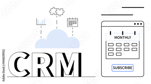 CRM connected to cloud, puzzle pieces, calendar, graph, monthly subscription platform. Ideal for management, efficiency, business, integration structure planning and cloud-flat simple metaphor