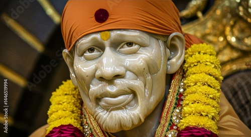 Serene face of Sai Baba statue, adorned with marigolds in a spiritual ambiance