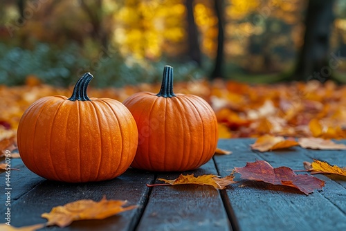 Two pumpkins on wooden table surrounded by autumn leaves in natural light