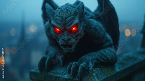 A dark stone gargoyle with glowing red eyes watches over world at night evoking mysterious dracula like presence on this eerie day photo