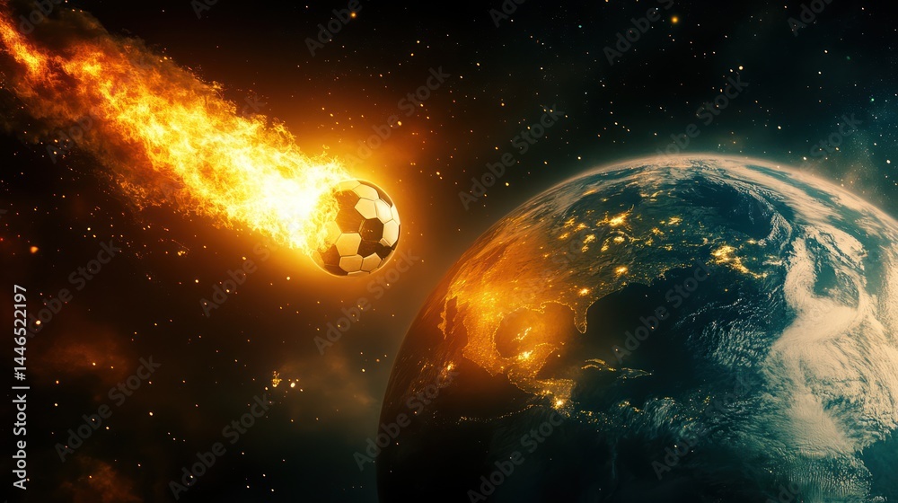 Obraz premium Fiery meteor hurtling towards Earth. A blazing, fiery space rock hurtles toward a planet Earth. The intense heat of the impact is visible as the meteor glows. Stars and space are in the background