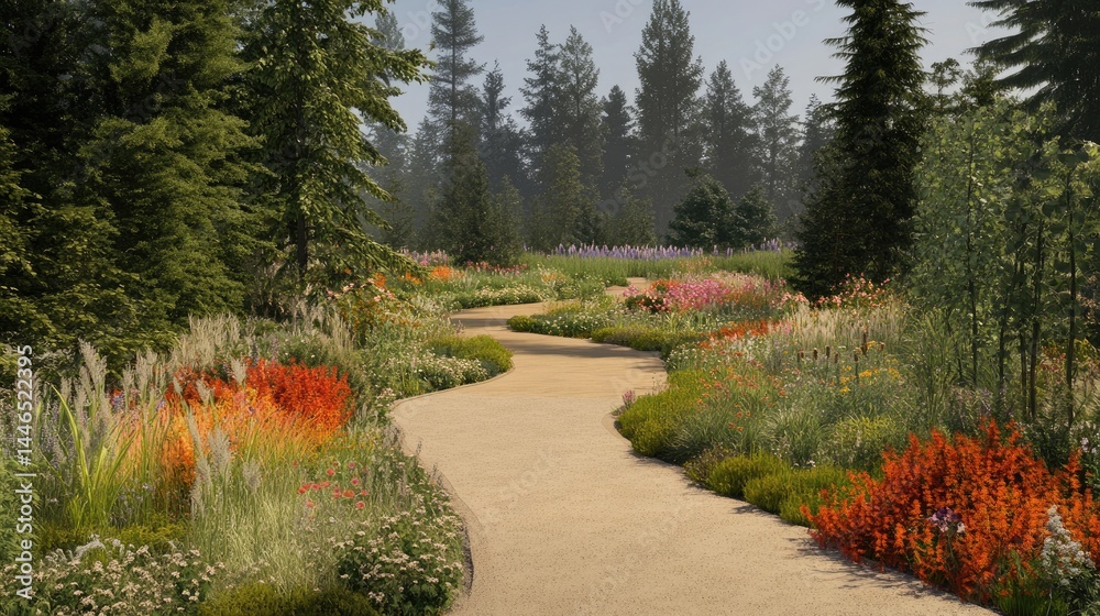 Obraz premium Modern landscape buffer with layered planting, berms, and noise mitigation design
